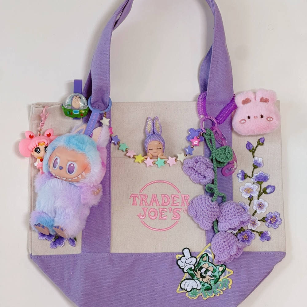 Trader Joe's Purple Mini Tote Bag Custom with Labubu